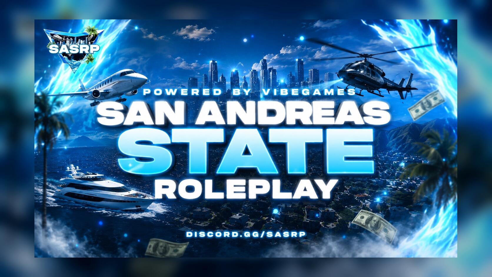 Discovery splash banner for San Andreas State Roleplay Discord server
