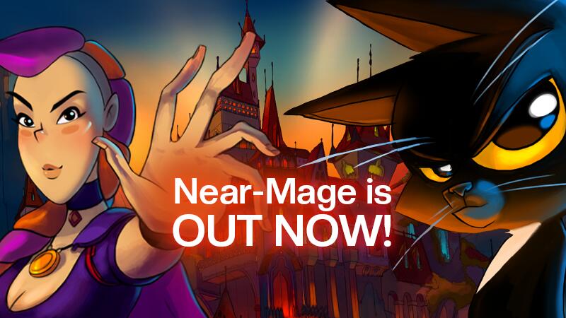 Discovery splash banner for Stuck In Attic - Near-Mage out now on PC! Discord server